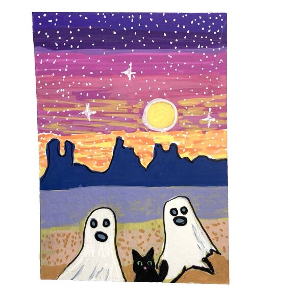 Other - ACEO Original Art Ghost Black Cat Acrylic Painting Southwest Landscape Selfie